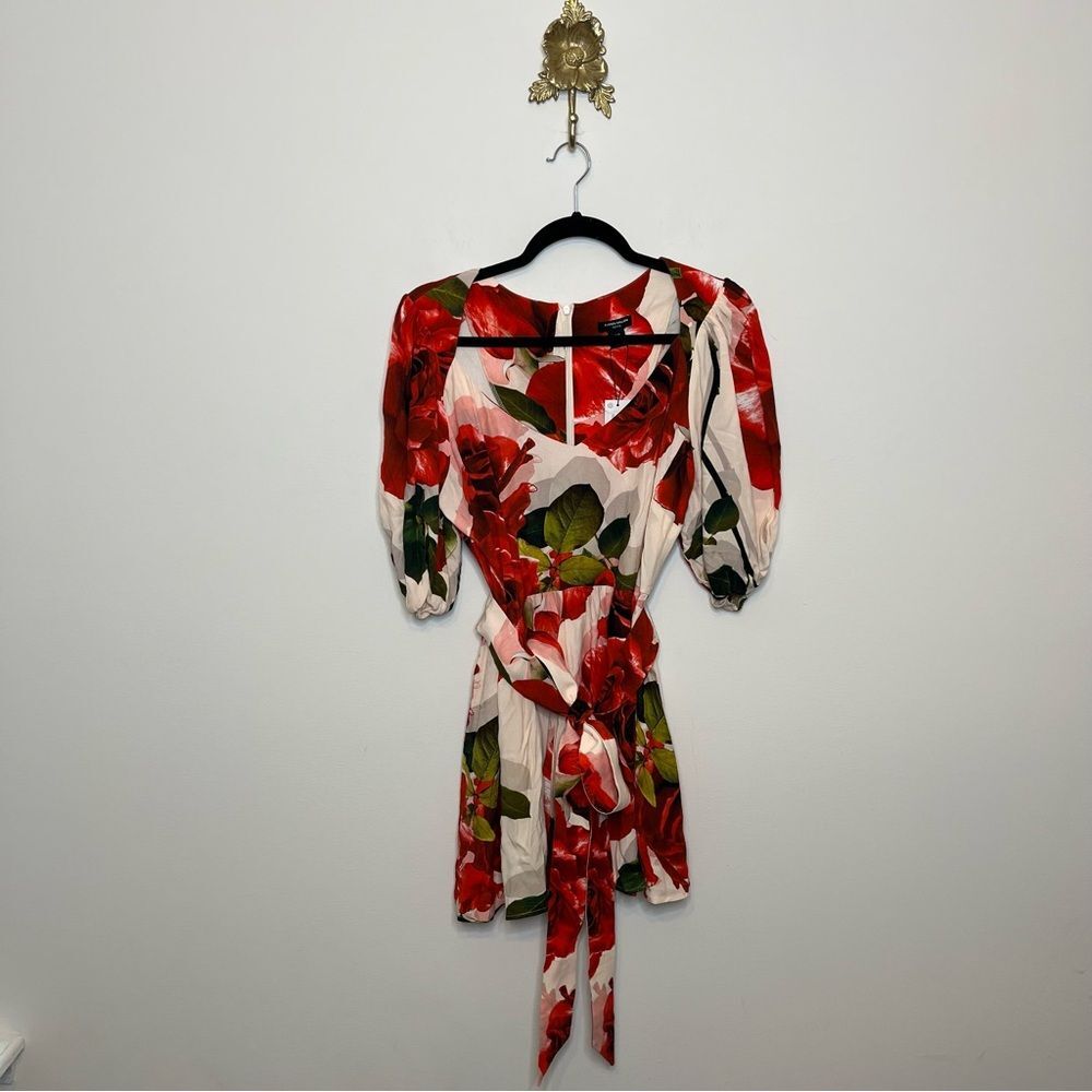 Karen Millen Rose Printed Morocain Woven Balloon Sleeve Romper 10